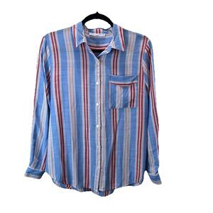 Jane & Delancey Blue Red Striped Rayon Button Up Long Sleeve Top Womens Size S